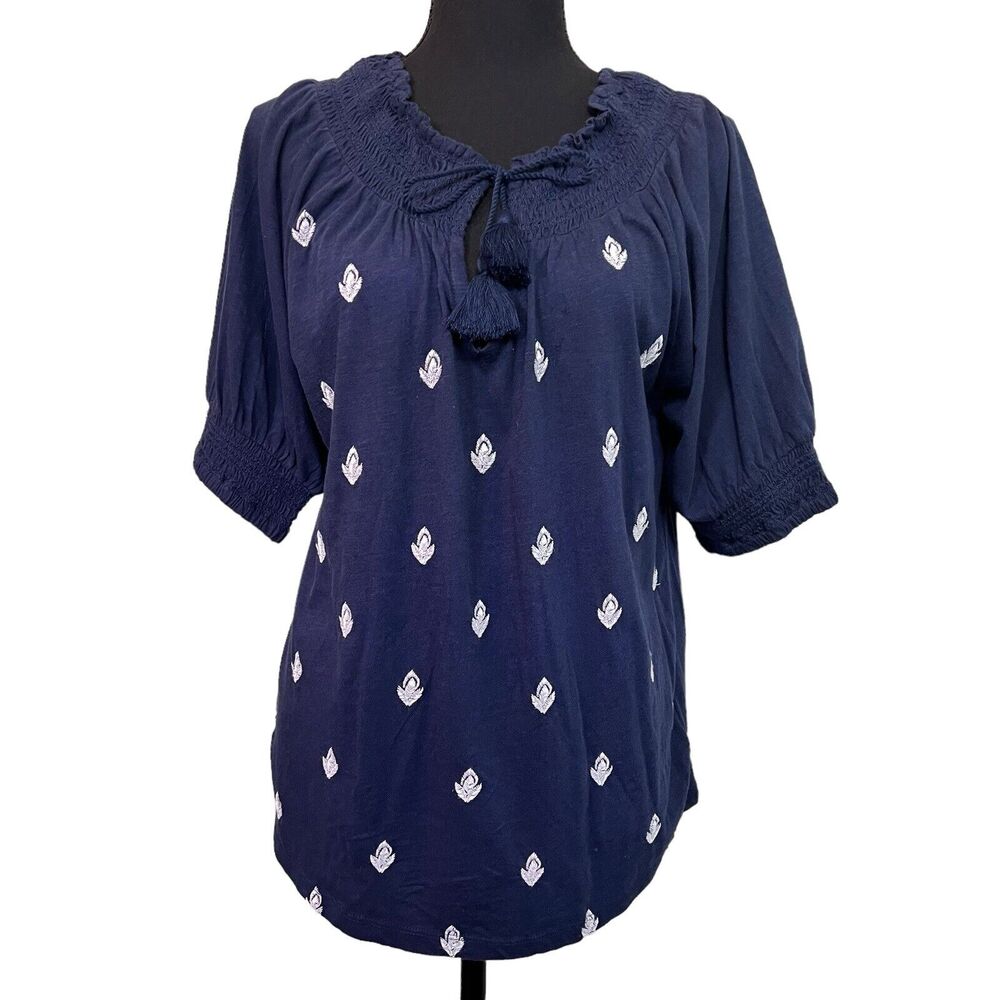Lucky Brand Size XS Cotton Blouse‎ Navy With White Embroidery V-neck Tassel Tie